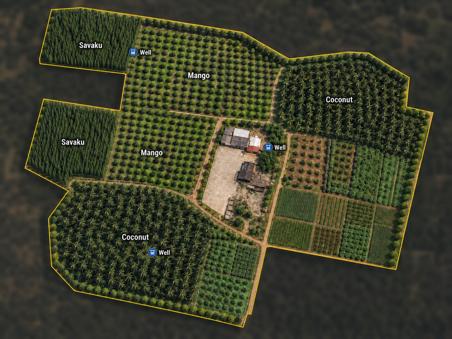Aerial view of Sengottaian Estate at Thagarai, with labelled mango, coconut and savaku (casuarina) blocks, the central homestead and drying yard, and wells